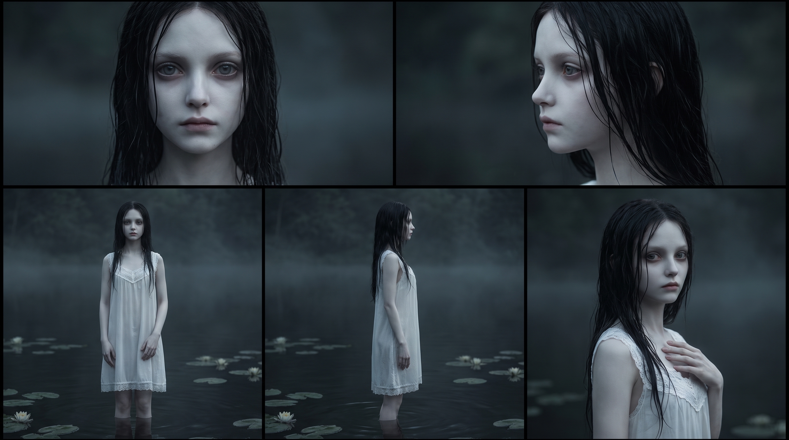A cinematic character reference sheet, model sheet, 5 panels grid…