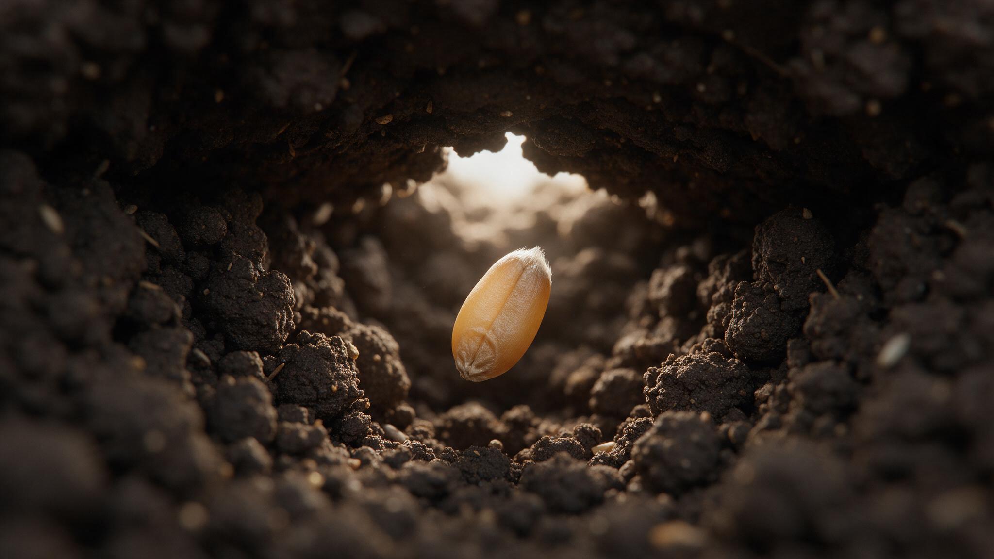 Photorealistic cinematic extreme macro, viewed from INSIDE the soil,…