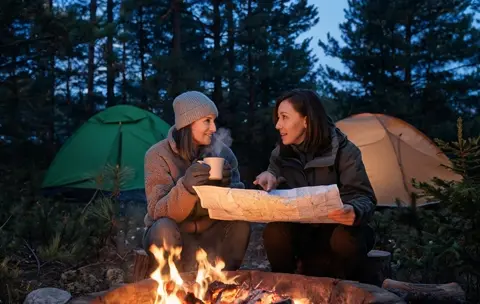 *Две женщины 40–45 лет, подруги, сидят у костра возле двух…