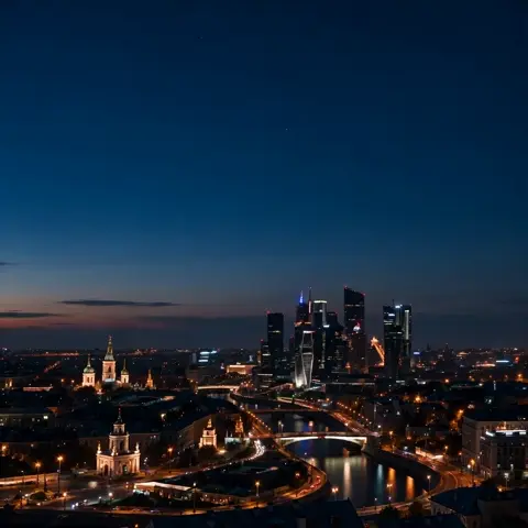 Use the uploaded aerial night photograph of Moscow as the…