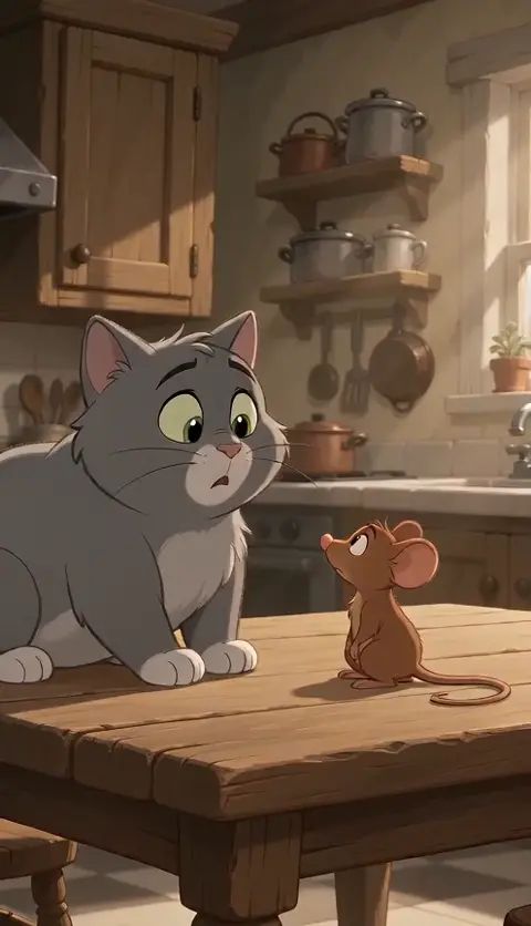 Shot 1: Medium shot of the grey cat and brown mouse sitting…