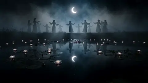 Continuous 15s cinematic folk-horror sequence, tight match…