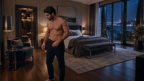 is the exact opening state: shirtless Kemal in black…