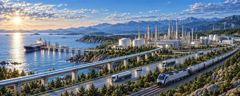 Cinematic aerial shot of the supplied industrial coastal…