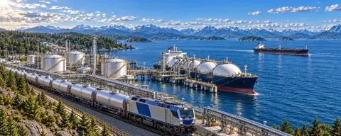 Cinematic aerial shot of the supplied LNG terminal. The…