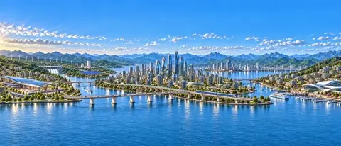 Cinematic aerial shot of the supplied panoramic waterfront…