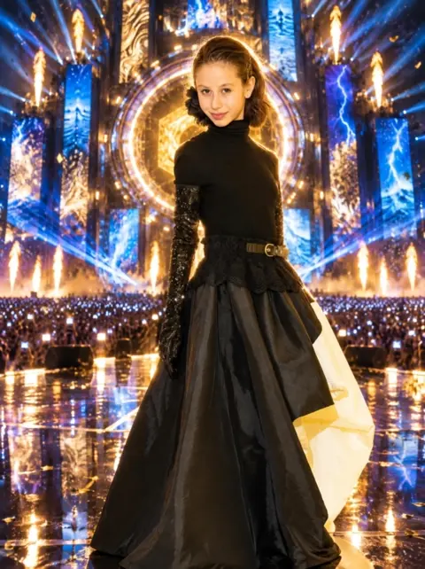 The girl on the big stage smiles, sways to the music and…