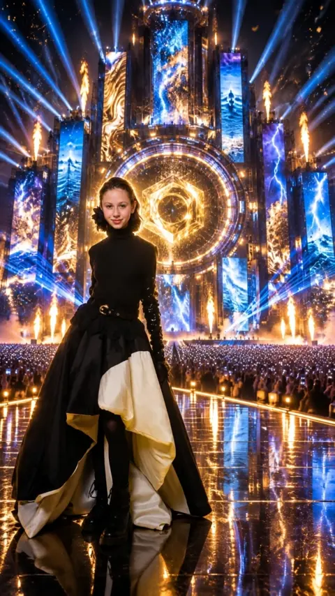 The girl performs on the giant stage: she sways gently to…