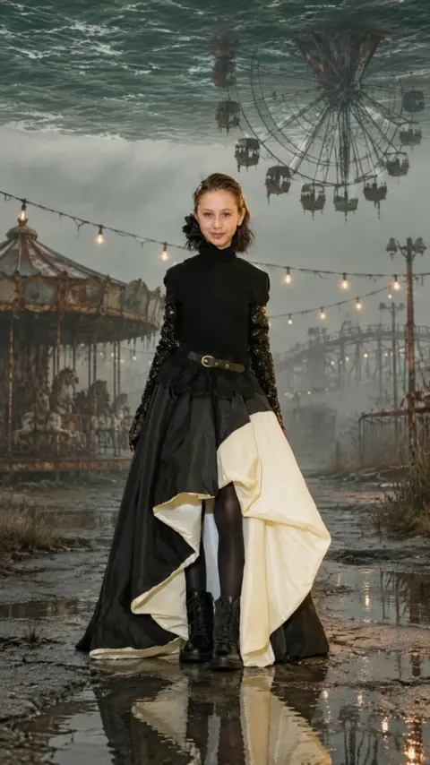 The girl walks forward toward the camera with calm…
