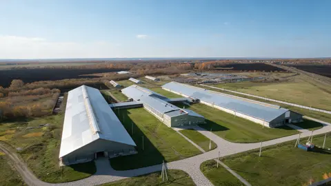 Edit the uploaded aerial photograph of the Lebedevka dairy farm into…
